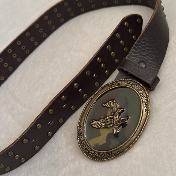Faithful | Brown Leather Stud Belt Eagle Camouflage Hook Embossed Buckle (S) - Picture 9 of 15